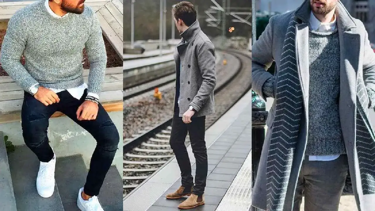 Tres hombres con atuendos grises y negros. El color complementario del gris resalta en los detalles.