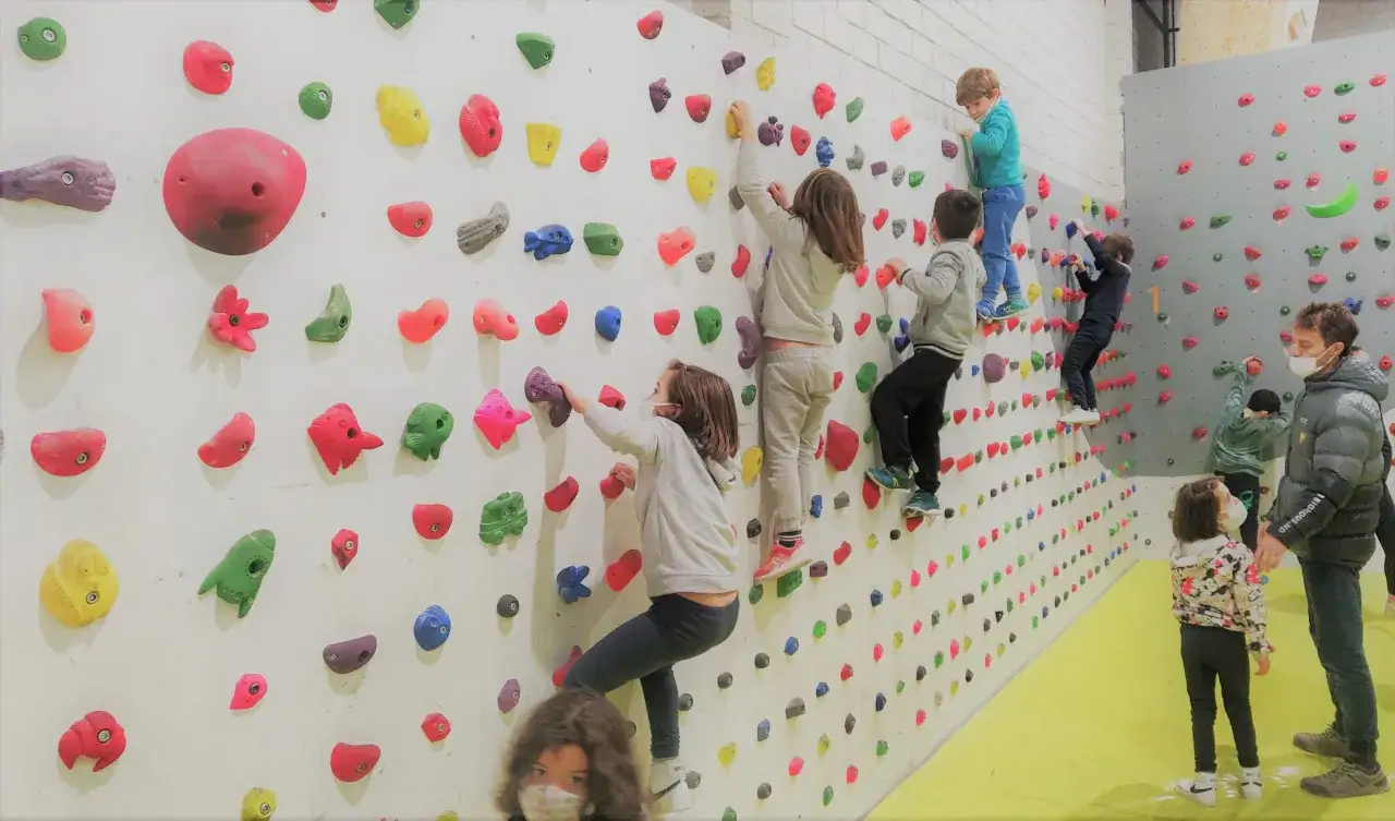 Niños escalando en rocódromo de Madrid este fin de semana. Diversión y aventura para los más pequeños en un muro lleno de presas de colores.