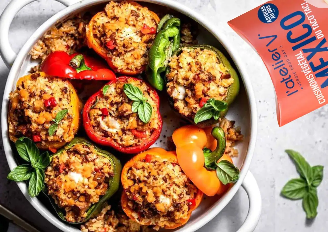 Poivrons farcis colorés, garnis d'un mélange savoureux de riz et d'ingrédients, prêts à être dégustés.