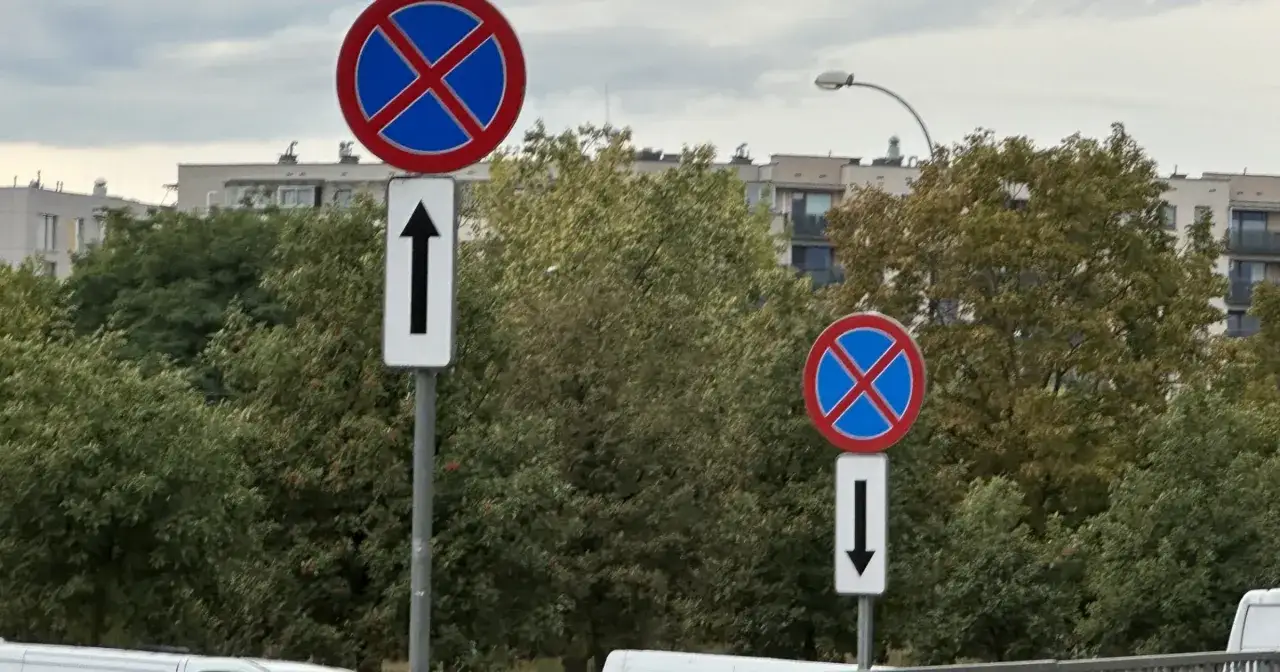 Znaki zakazu zatrzymywania się i postoju. Niekt&oacute;re znaki nie obowiązują niepełnosprawnych, ale te nie są jednym z nich.