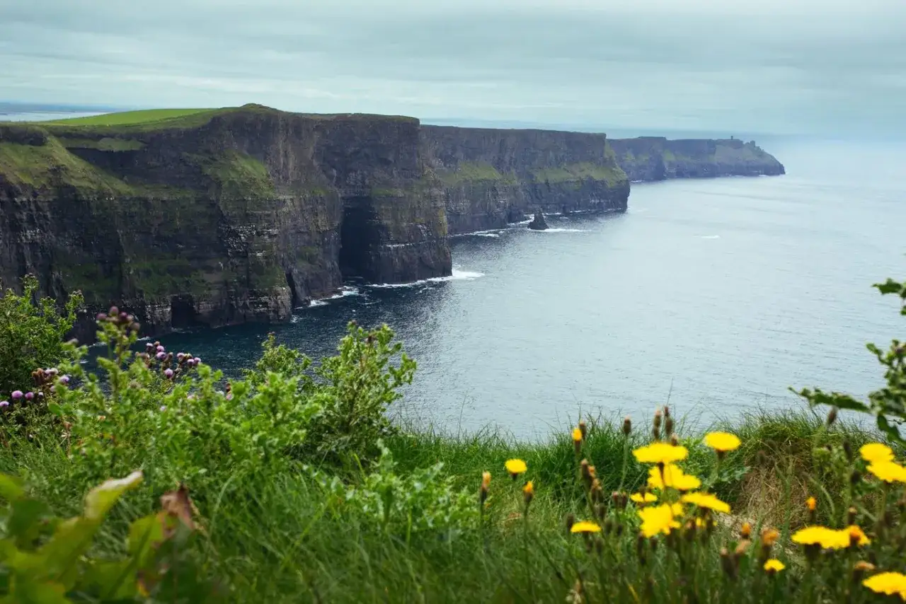 Majestatyczne klify Irlandii, idealne na niezapomniane irlandia wycieczki. W oddali widać ocean i zielone wzgórza.