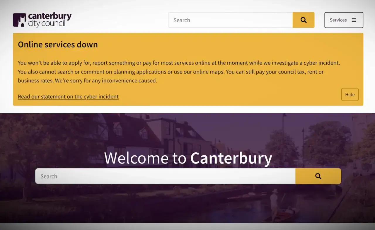 Canterbury City Council website alerts users to online services being down due to a cyber incident, highlighting cybersecurity challenges for local governments.
