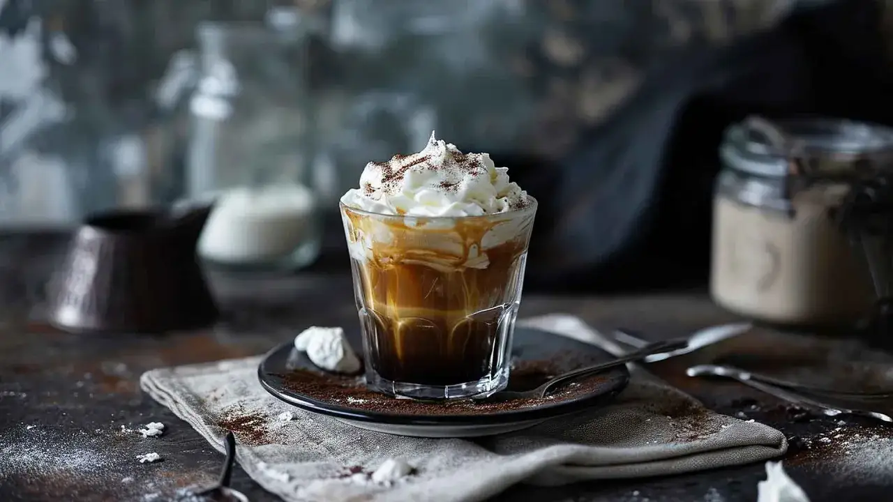 Ein köstlicher Kapuziner Kaffee mit Sahne und Kakaopulver, serviert in einem Glas auf einem Teller mit einem Löffel.