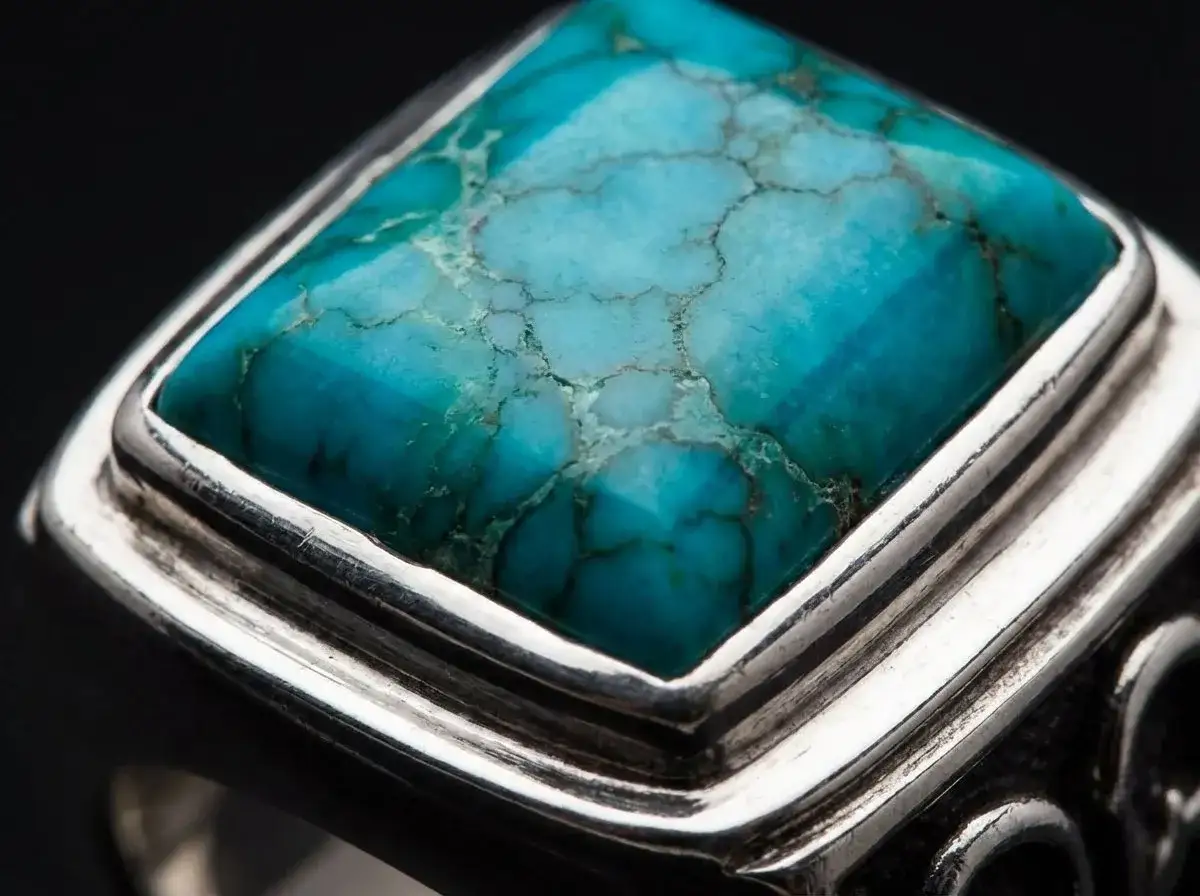 Anello con grande pietra turchese dalle venature scure, incastonata in argento. La turchese proprietà di questo gioiello è evidente nella sua bellezza naturale.