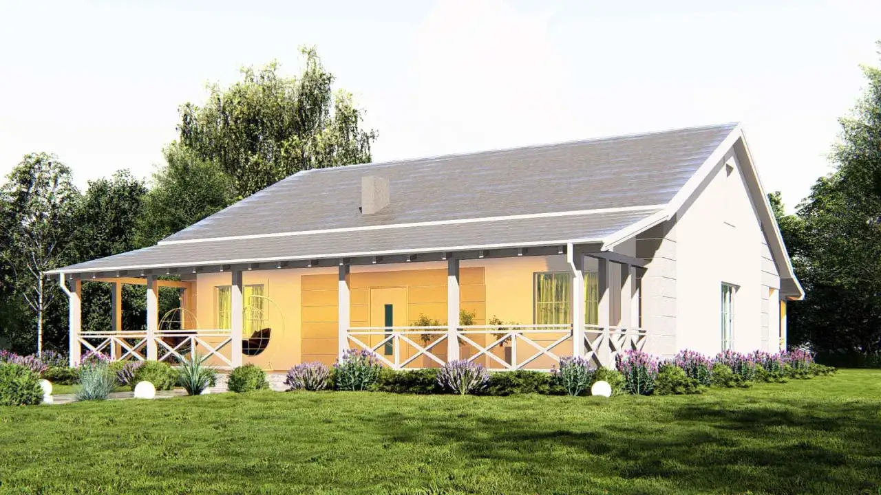 Uroczy bungalow z werandą, otoczony zielenią i kwitnącą lawendą. Idealne miejsce na relaks.