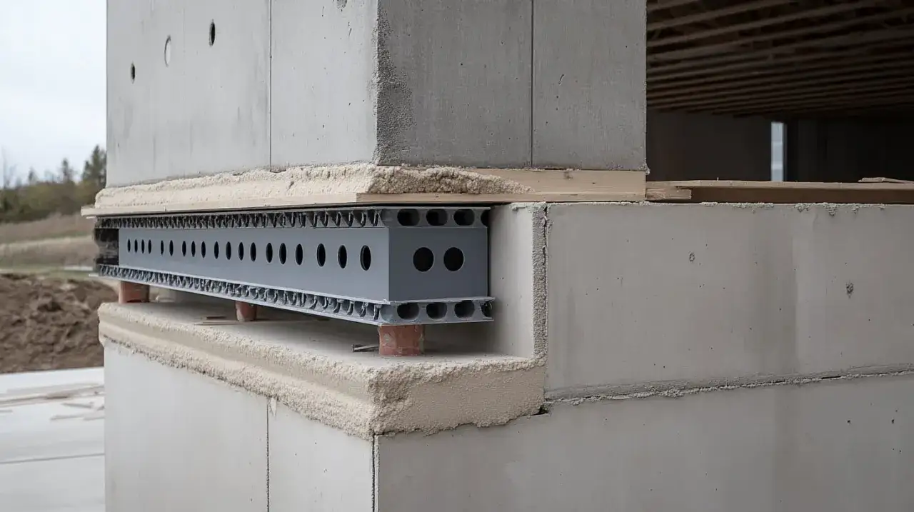 Detalle de construcci&oacute;n con juntas de dilataci&oacute;n de hormig&oacute;n y un perfil met&aacute;lico perforado, permitiendo el movimiento estructural.