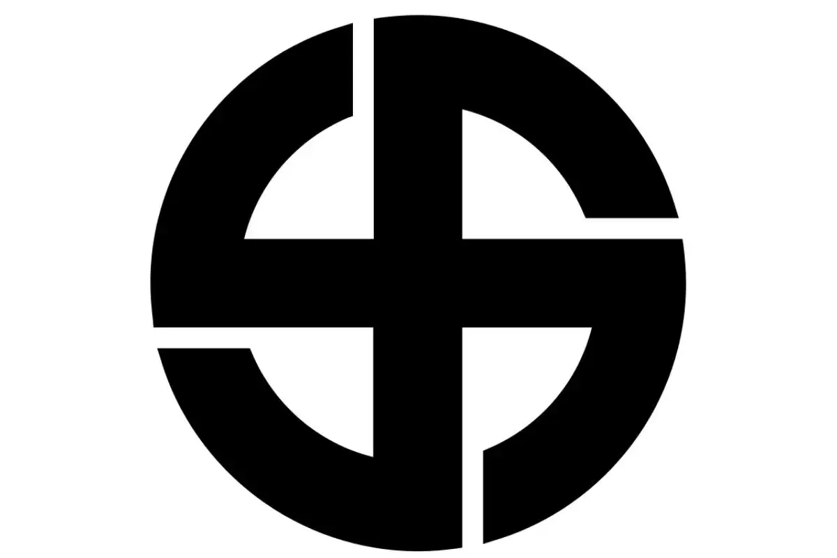 Simbolo nero su sfondo bianco, un cerchio spezzato da una croce. Un **immaginario significato** di unione e divisione.