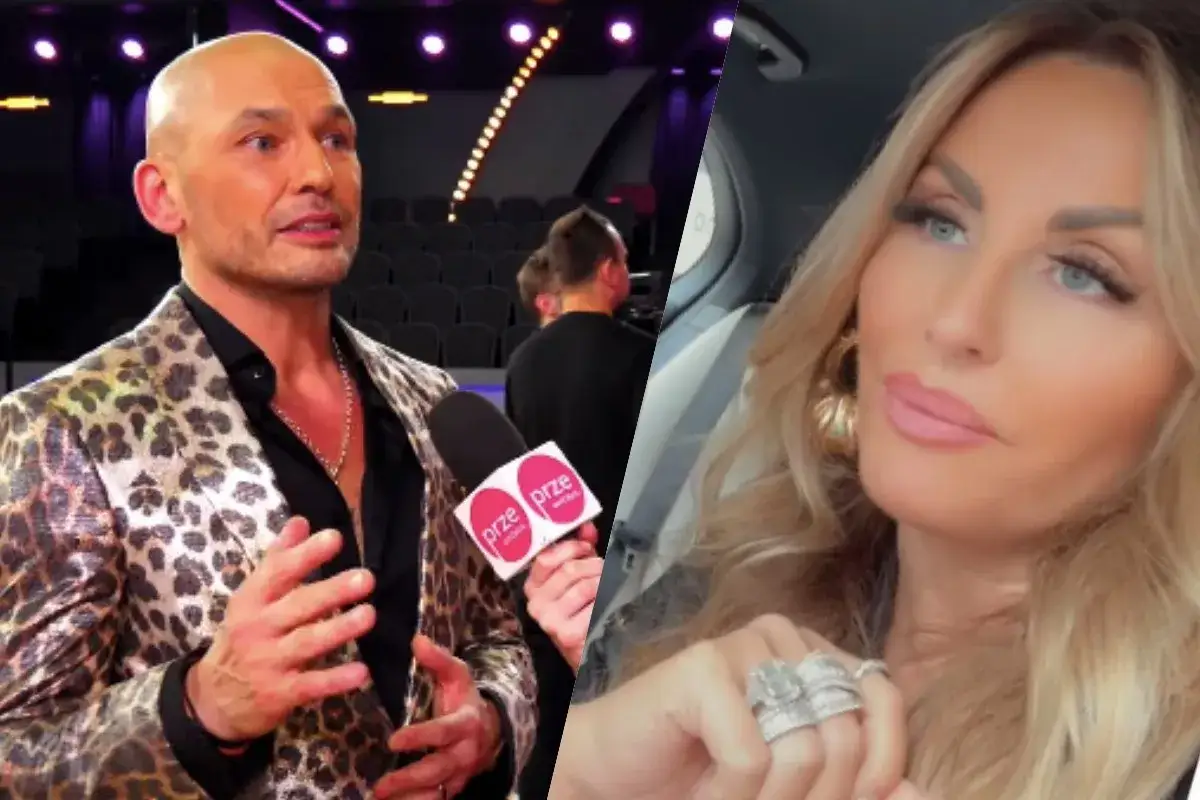 Tomasz Wygoda w panterkowej marynarce udziela wywiadu. Obok jego żona, która z dumą prezentuje biżuterię, myśląc o swoich dzieciach.