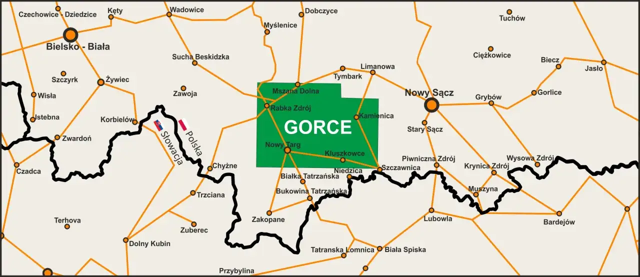 Mapa turystyczna z zaznaczonymi gorce miejscowościami, takimi jak Nowy Targ, Rabka Zdrój i Zakopane.