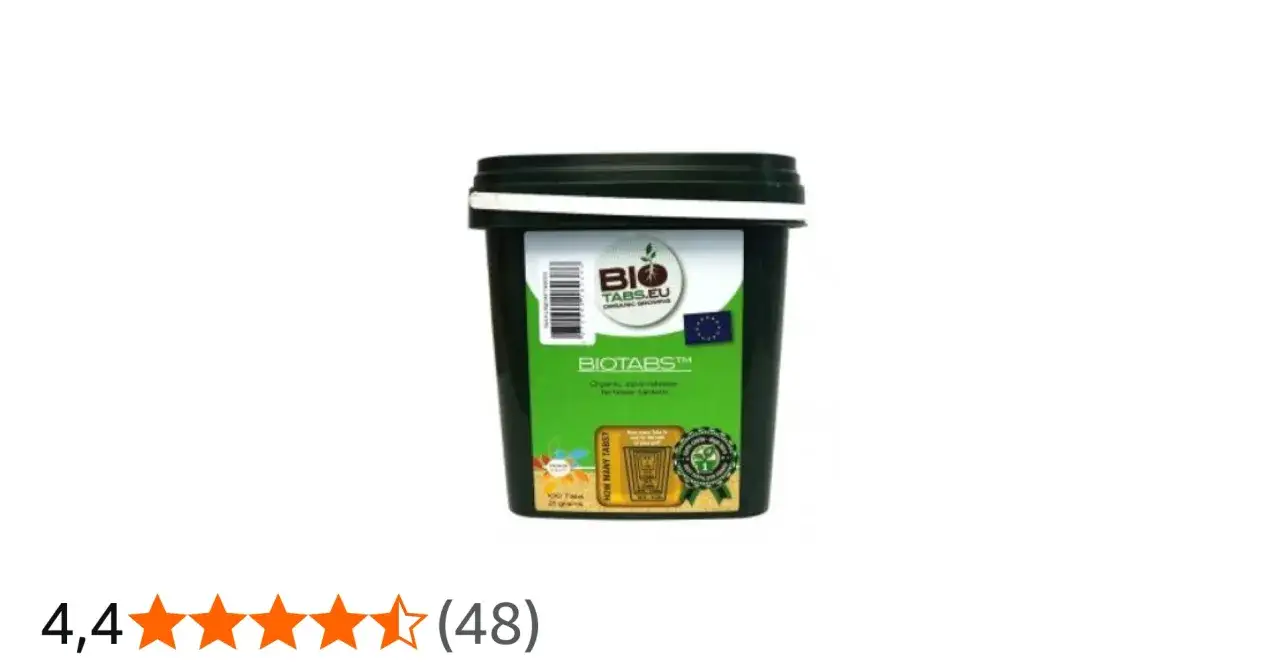 Mörkgrön burk med BIOTABS™ märkning, ekologiskt långtidsverkande gödsel för krukväxter.
