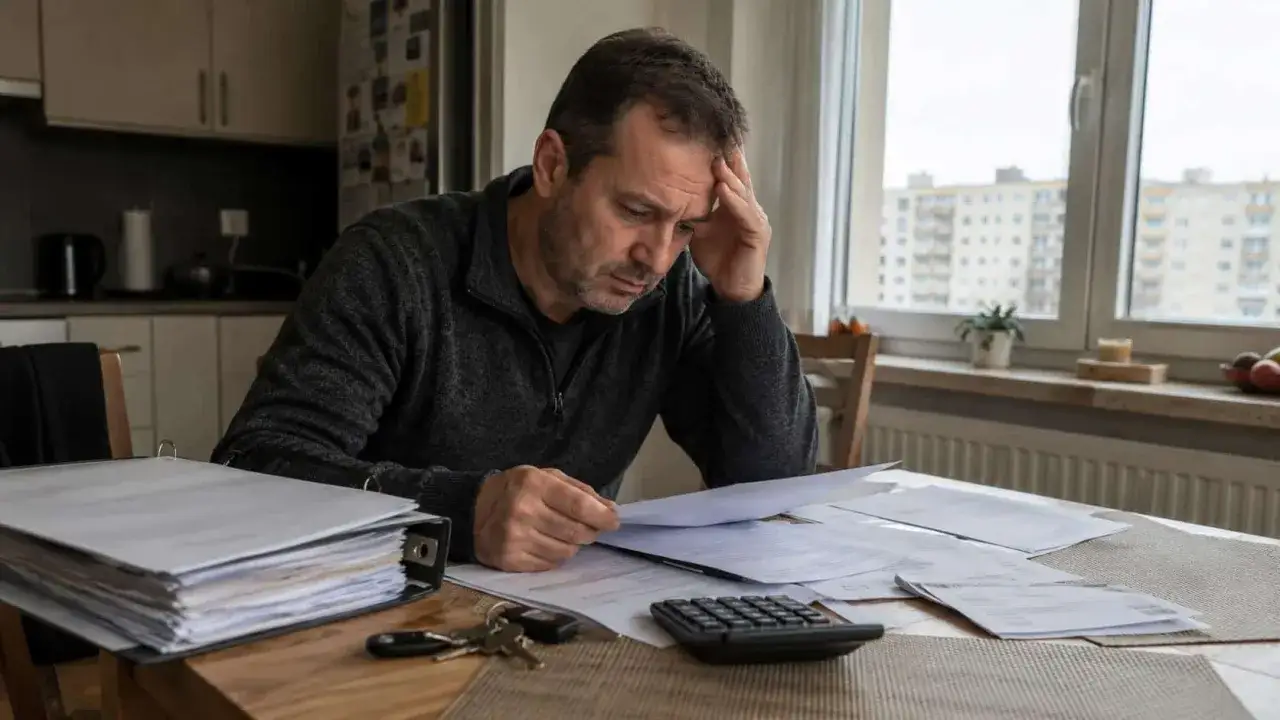 Zmartwiony mężczyzna analizuje dokumenty, szukając rozwiązania dla upadłości konsumenckiej z zachowaniem mieszkania.