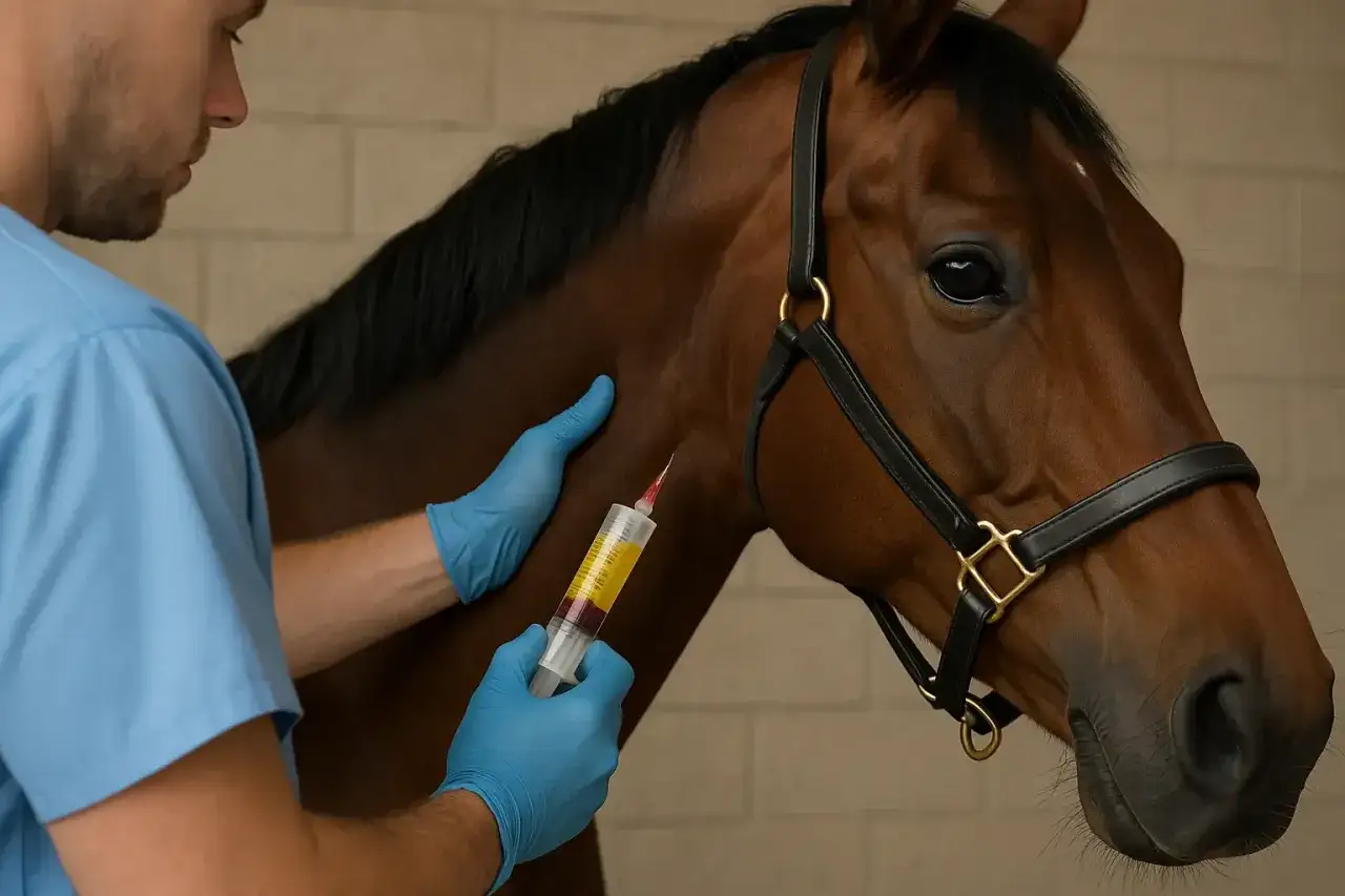 Tierarzt führt Eigenbluttherapie bei einem Pferd durch. Die Spritze enthält aufbereitetes Blut zur Heilung.