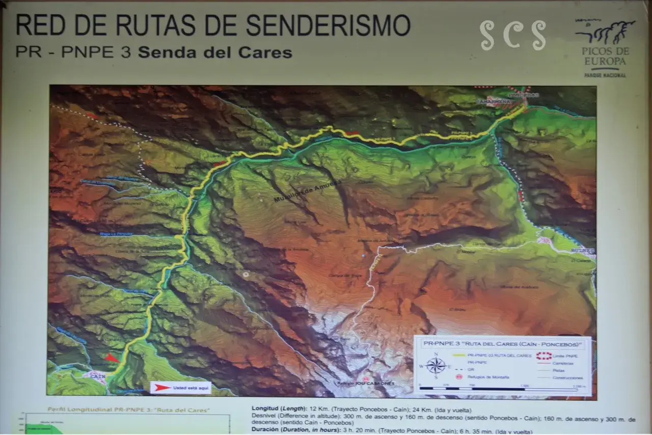 Mapa de la ruta del Cares, PR-PNPE 3, con perfil longitudinal y detalles del recorrido.