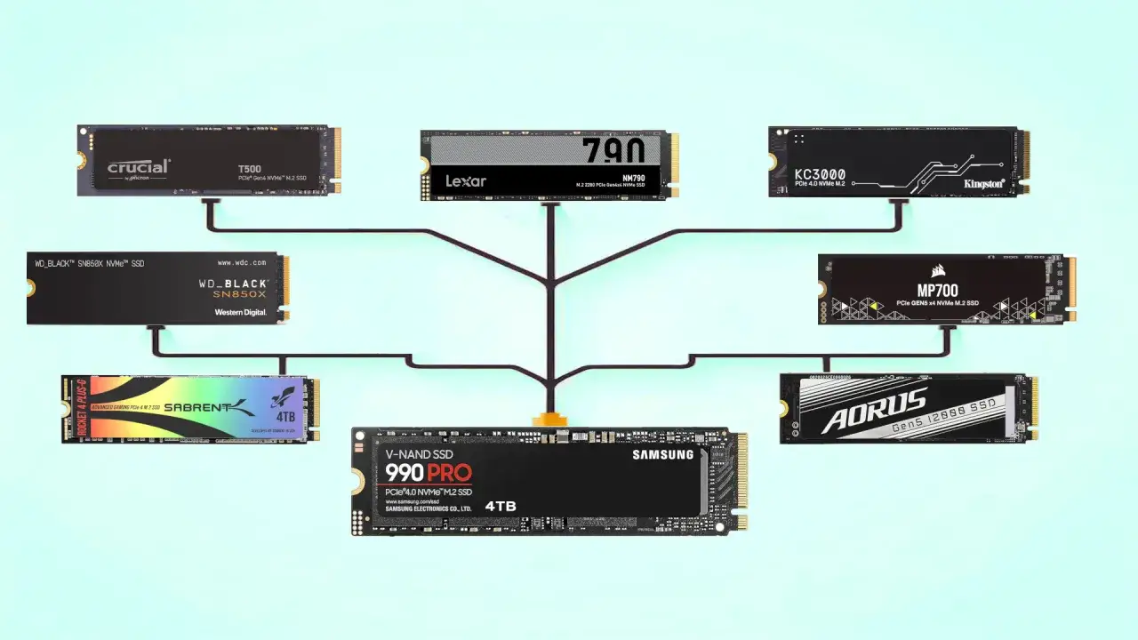 Verschiedene M.2 SSDs, die f&uuml;r hohe m2 ssd geschwindigkeit stehen, wie Crucial T500, WD_BLACK SN850X, Lexar NM790, Samsung 990 PRO.