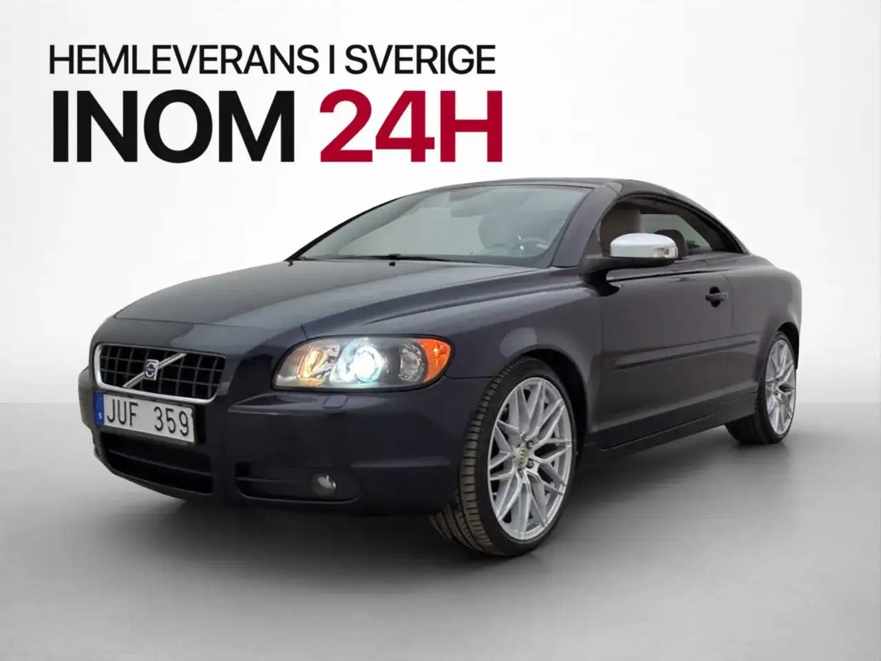 Mörkgrå Volvo C70 cabriolet med kromade fälgar. Hemleverans inom 24h i Sverige. Inga problem med cabben här!
