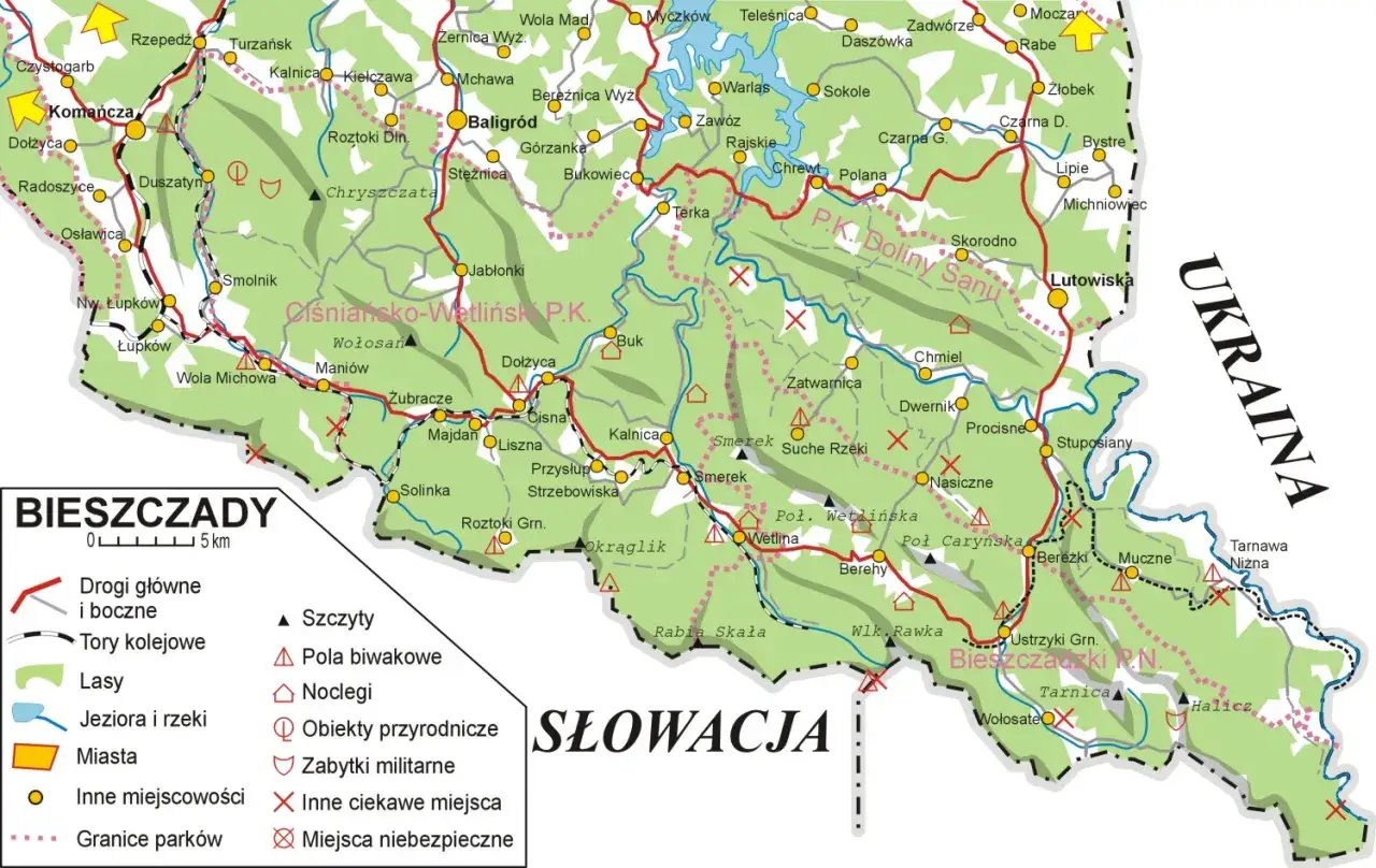 Mapa Bieszczad, które leżą w województwie podkarpackim, z zaznaczonymi drogami, lasami, jeziorami, rzekami, miastami i innymi ciekawymi miejscami.
