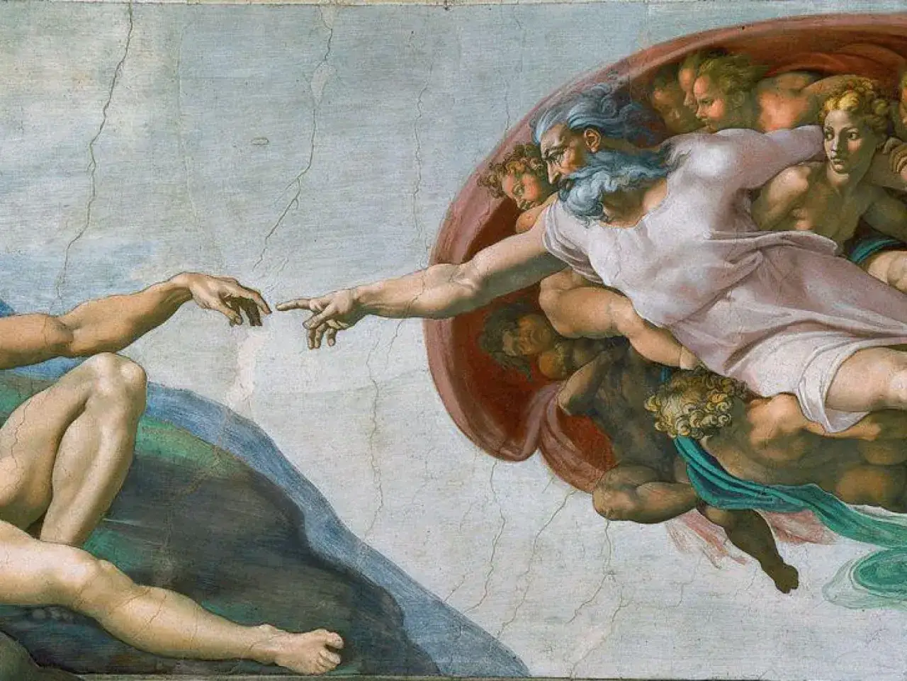 Boska iskra życia: stworzenie świata biblia. Bóg tchnie życie w Adama, symbolizując początek ludzkości.