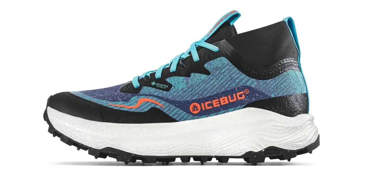 En blå och turkos löparsko från Icebug med Gore-Tex, perfekt för hala skor och utmanande terräng.
