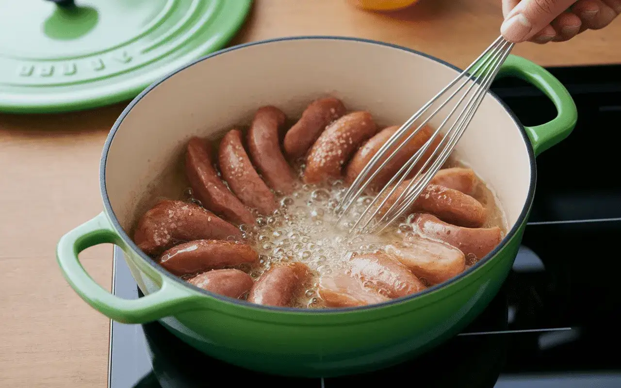 Cuisson saucisse de Strasbourg dans une cocotte verte. Les saucisses dorent dans l'huile chaude, un fouet les remue.