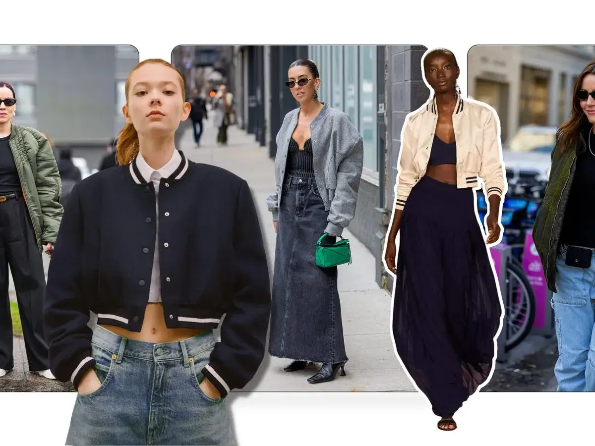 Chicas con estilo lucen una bomber: una con chaqueta verde acolchada, otra con bomber azul corta y jeans, una tercera con bomber gris y falda larga, y la &uacute;ltima con bomber crema y falda azul.