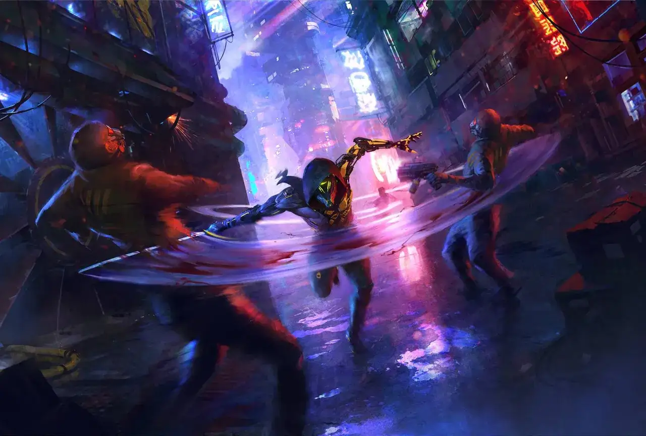 Un ninja cibern&eacute;tico esquiva disparos en una calle futurista, rodeado de luces de ne&oacute;n. Una escena de acci&oacute;n intensa, como en los mejores juegos de ninjas.
