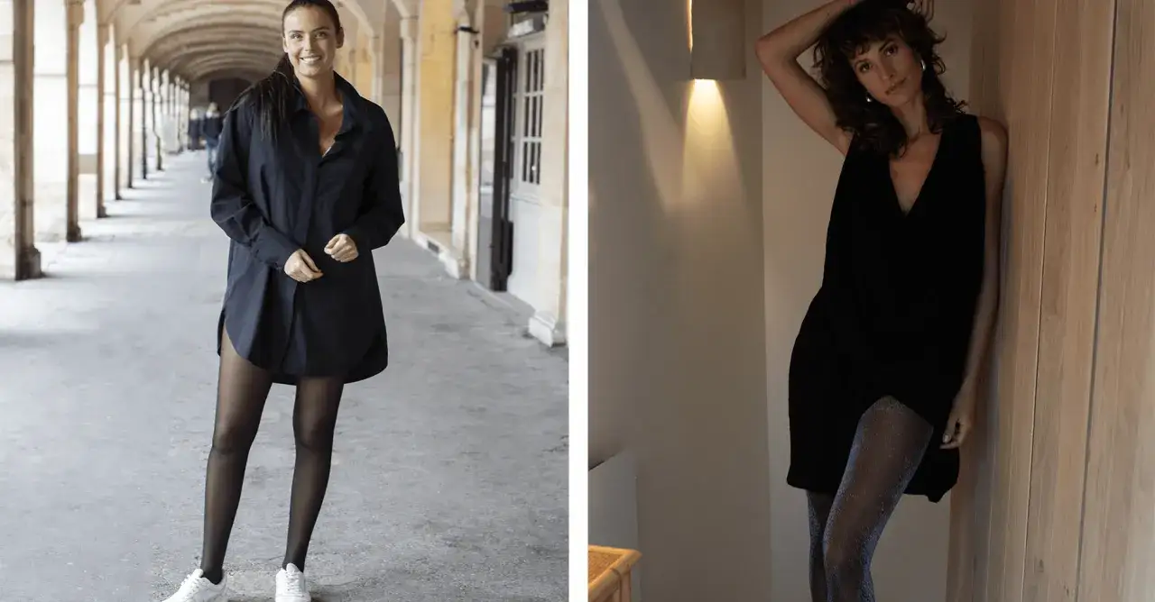 Deux femmes portent des collants de femme. L'une est dehors, l'autre à l'intérieur.