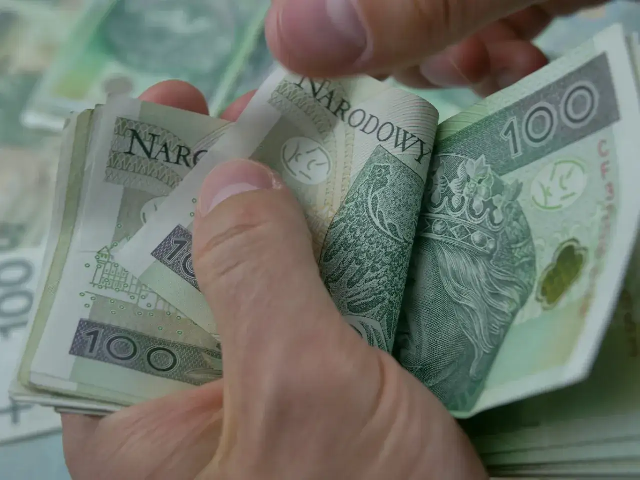 Dłonie trzymają stos polskich banknotów 100 zł. Zastanawiasz się, jak zmienić numer konta do 500 plus?