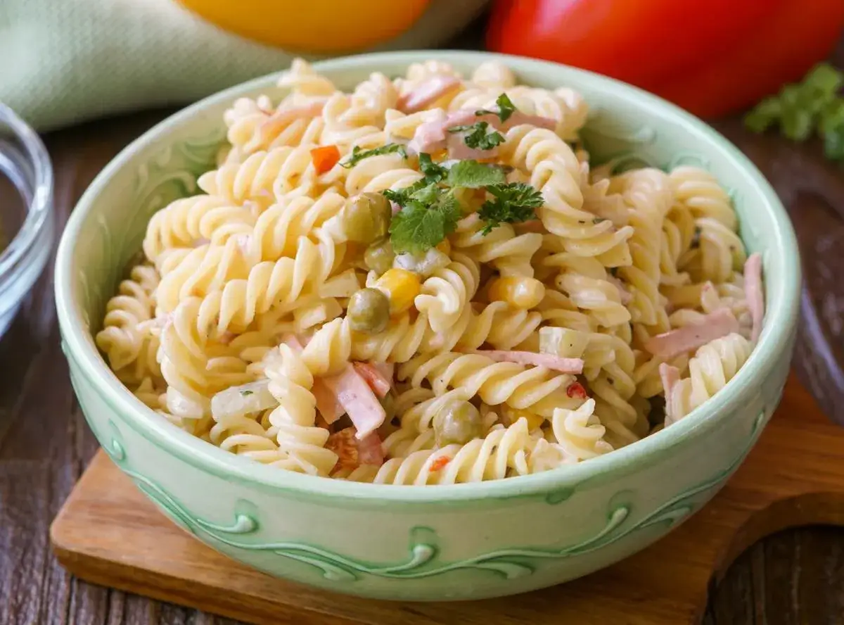 Ein cremiger Nudelsalat mit Erbsen, Mais und Schinkenw&uuml;rfeln, garniert mit Petersilie. Perfekt als Fleischsalat-Alternative.