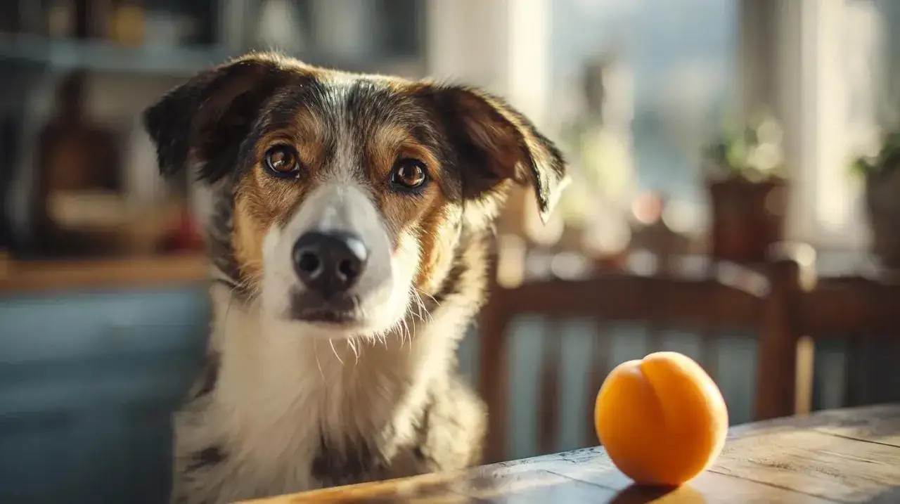 Un chien regarde un abricot sur une table en bois, attendant peut-&ecirc;tre une friandise.