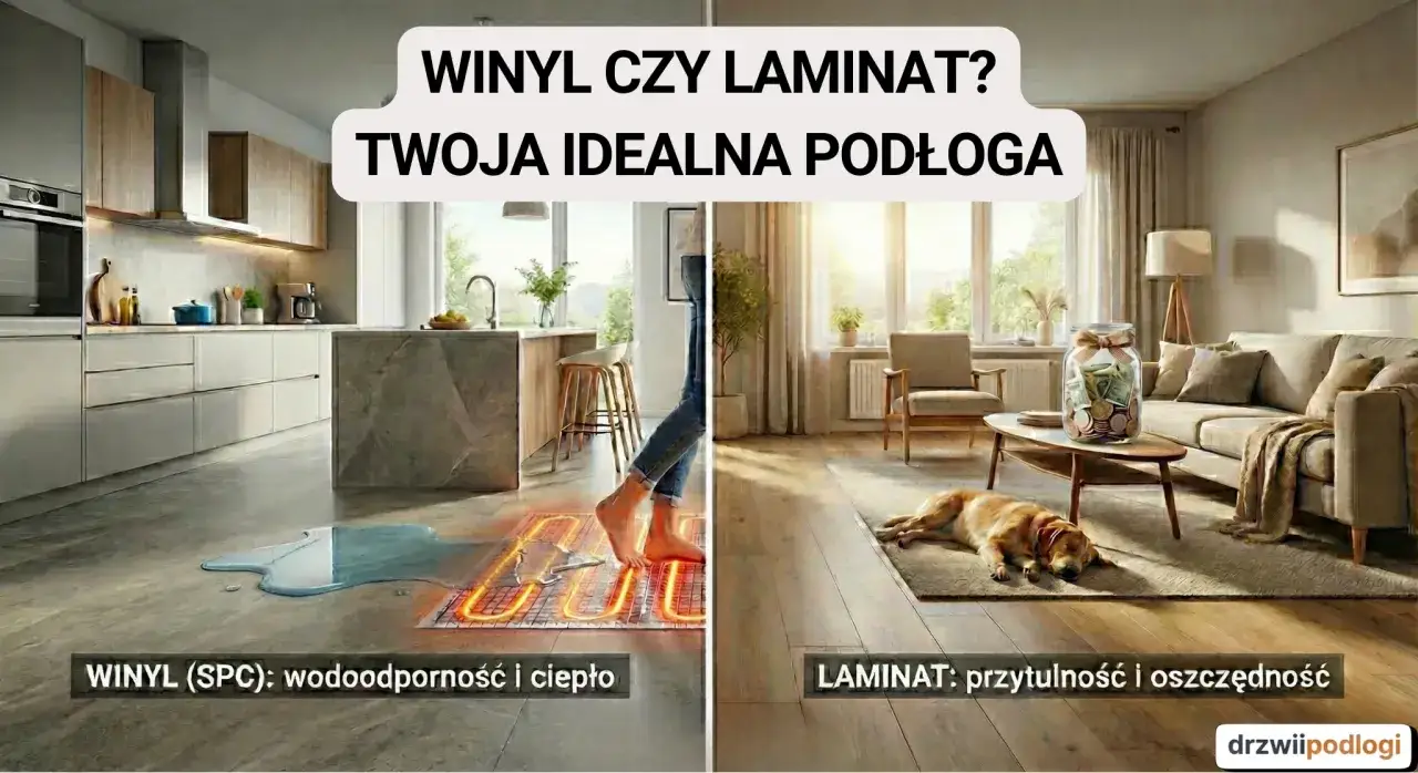 Winylowa podłoga w kuchni, odporna na wodę, obok laminatu w salonie, gdzie pies odpoczywa. Wybierz idealną podłogę: winyl czy laminat?