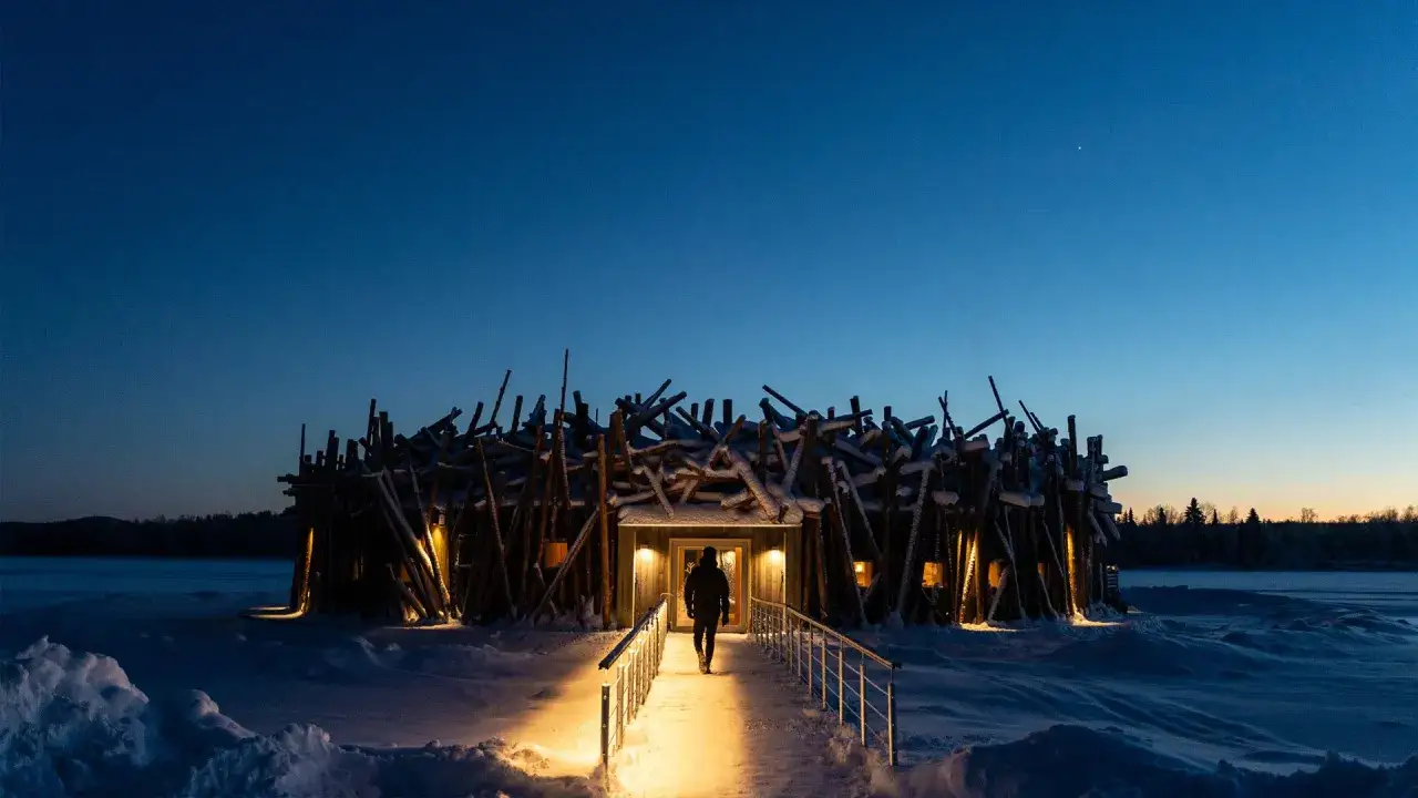 En person g&aring;r p&aring; en sn&ouml;t&auml;ckt bro mot ett unikt lyxhotell i Norrland, upplyst av varma lampor mot en m&ouml;rkbl&aring; kv&auml;llshimmel.