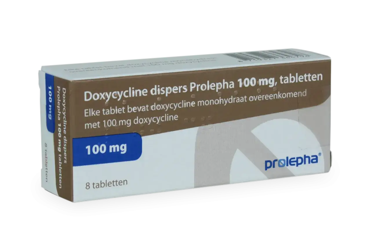 Förpackning med Doxycycline dispers Prolepha 100 mg tabletter. Läs bipacksedeln noga för information om doxyferm biverkningar.