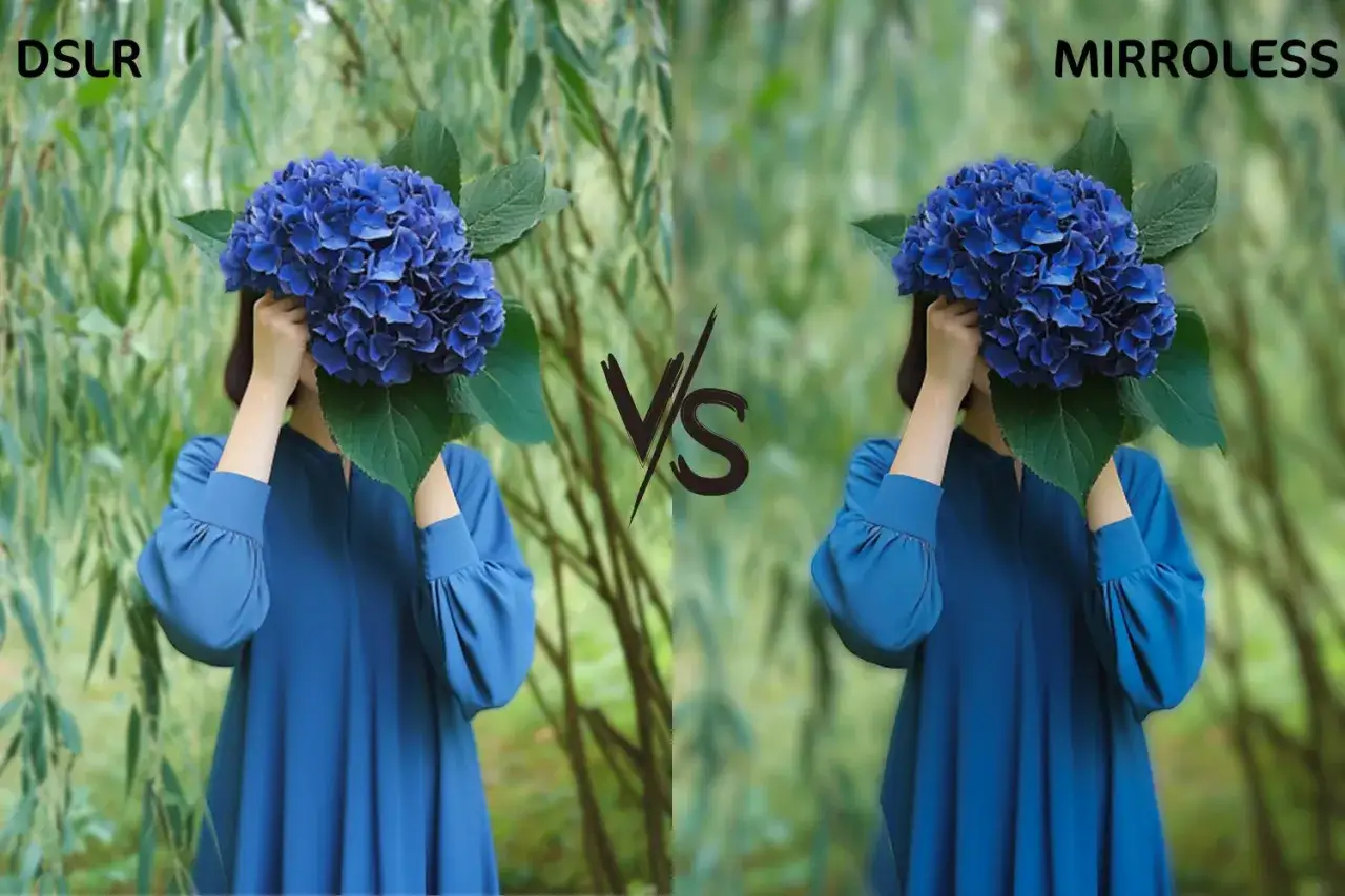 Confronto tra differenza reflex mirrorless: due donne con mazzi di ortensie blu, una etichettata DSLR, l'altra MIRRORLESS.