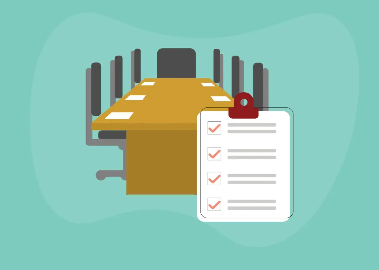 A conference table with chairs and a clipboard showing a completed checklist, symbolizing effective board committees and their tasks.