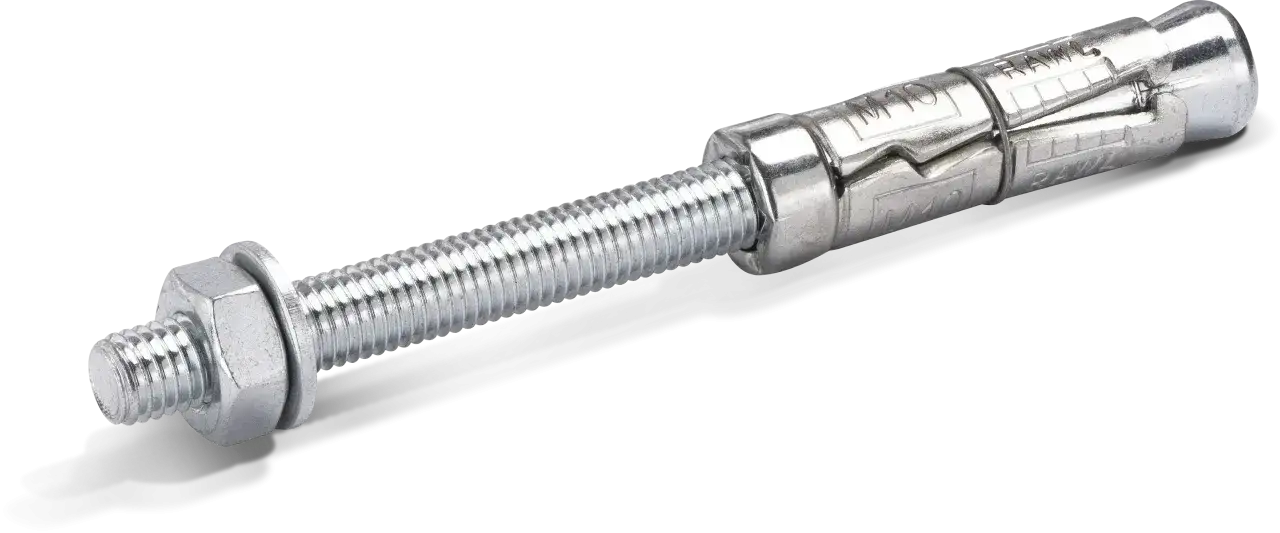 Metalowy wkręt do betonu Rawlplug z nakrętką i podkładką, gotowy do montażu.