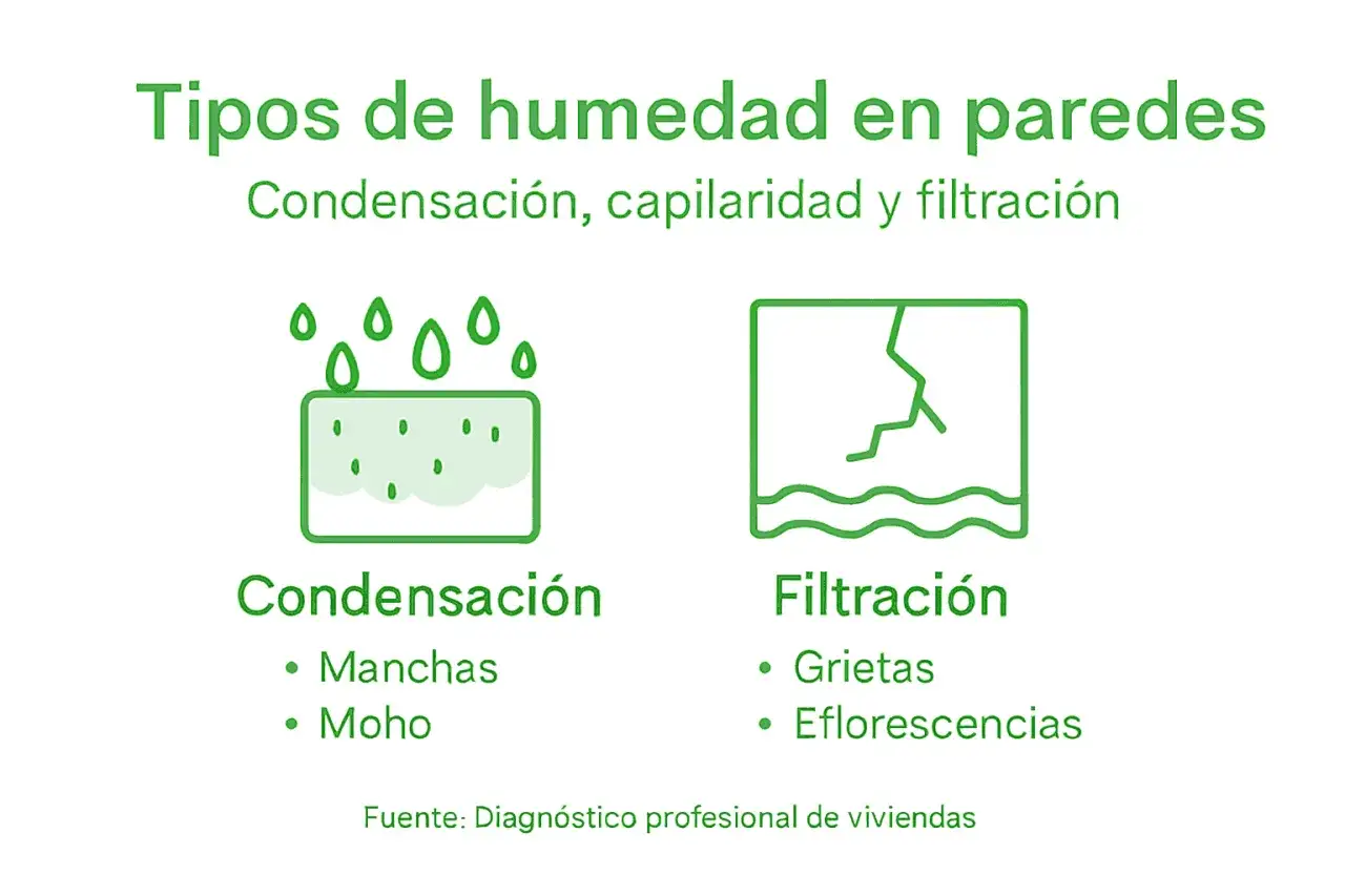 Ilustraci&oacute;n de tipos de humedad en paredes: condensaci&oacute;n (manchas, moho) y filtraci&oacute;n (grietas, eflorescencias). Gu&iacute;a para quitar humedad pared.