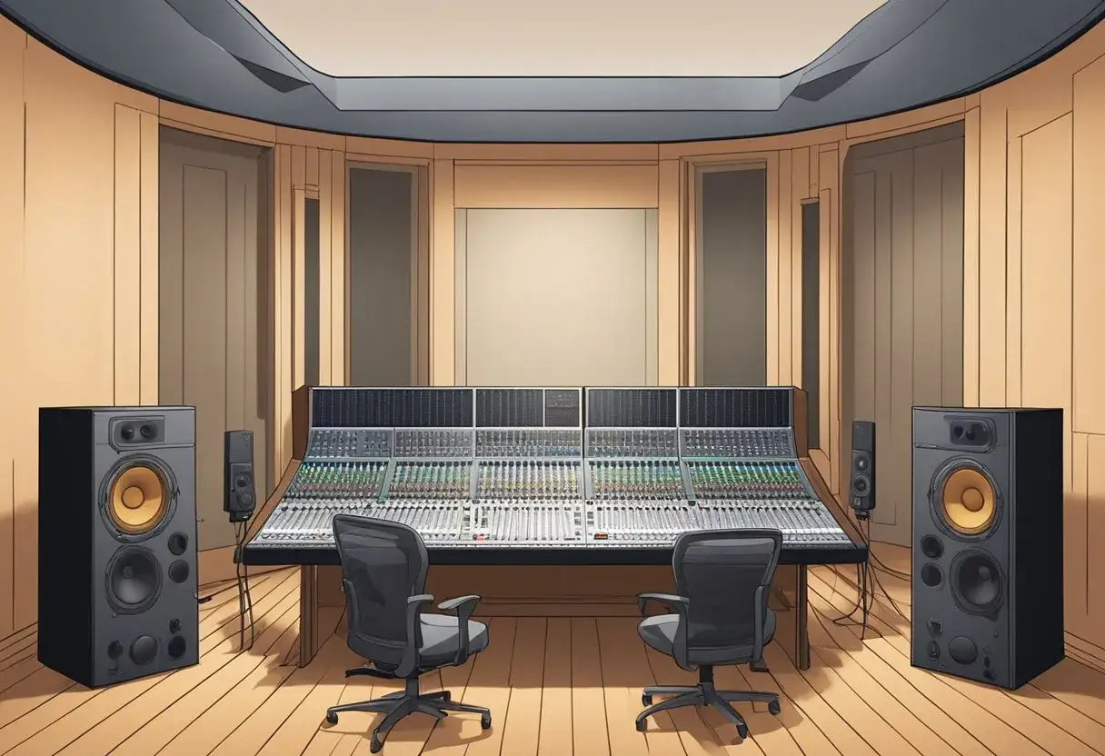 Profesjonalne studio nagraniowe z konsolą mikserską, głośnikami i krzesłami. Tutaj tworzy się dźwięk, dodając efekty, jak reverb, co to znaczy dla muzyki?
