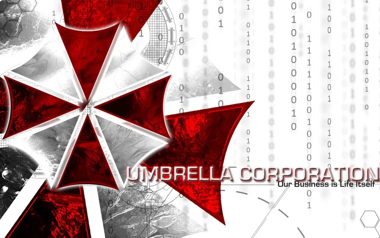 Logo Umbrella Corporation z czerwonymi i białymi segmentami na tle kodu binarnego.
