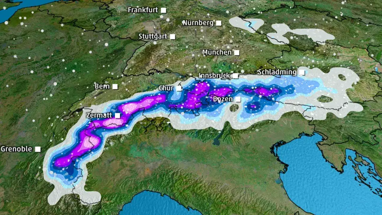 Schneefallgrenze Alpen: Satellitenbild zeigt intensive Schneef&auml;lle &uuml;ber den Alpen, von Grenoble bis Schladming.