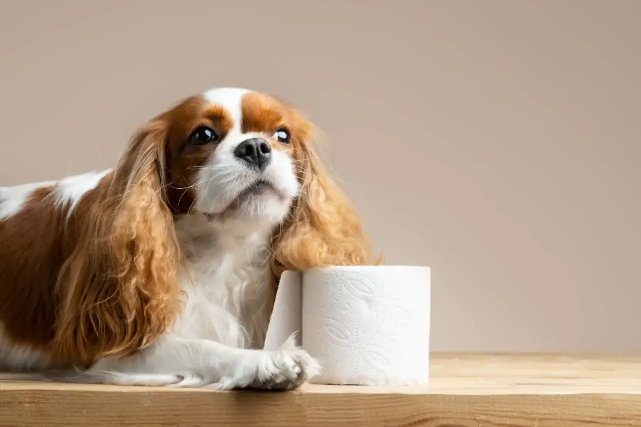 Smutny piesek Cavalier King Charles Spaniel z rolką papieru toaletowego obok. Wygląda, jakby miał biegunka u psa i czekał na pomoc.