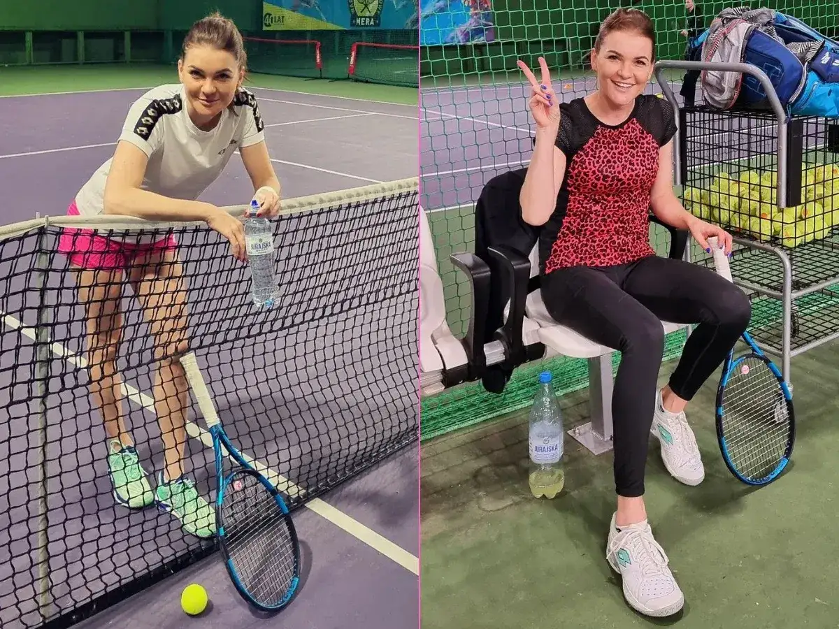 Agnieszka Radwańska, z majątkiem zbudowanym na kortach, w sportowym stroju na korcie tenisowym.