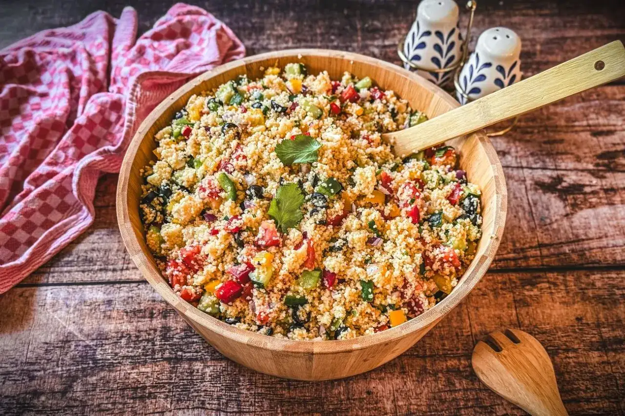 Ein bunter Couscous-Salat mit Feta, Tomaten, Gurken und Paprika, serviert in einer Holzschüssel. Perfekt für einen leichten Genuss.