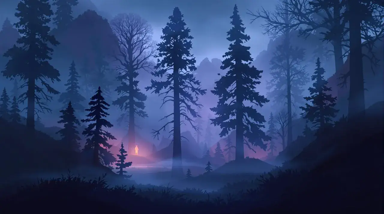 Un personnage solitaire s'avance dans une for&ecirc;t brumeuse et sombre, &eacute;clair&eacute; par une lumi&egrave;re chaude. Ce dessin sombre facile &eacute;voque le myst&egrave;re.
