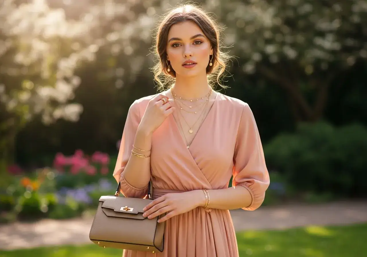Elegancka kobieta w sukience w kolorze brzoskwiniowym, z biżuterią i torebką, na tle ogrodu.