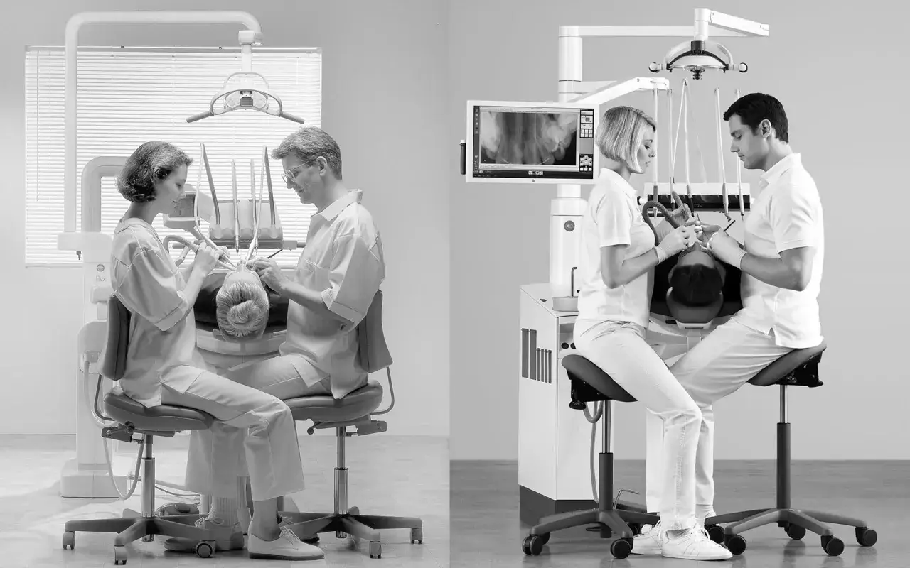 pacjent na fotelu dentystycznym ze słuchawkami, spokojny, relaksujący się