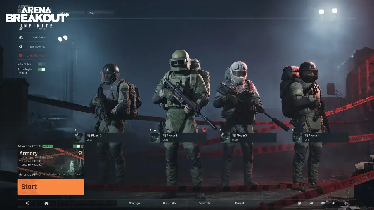 Czterech graczy w pełnym rynsztunku, gotowych do akcji w grze typu **gry fps**. Czekają na rozpoczęcie misji w Armory.