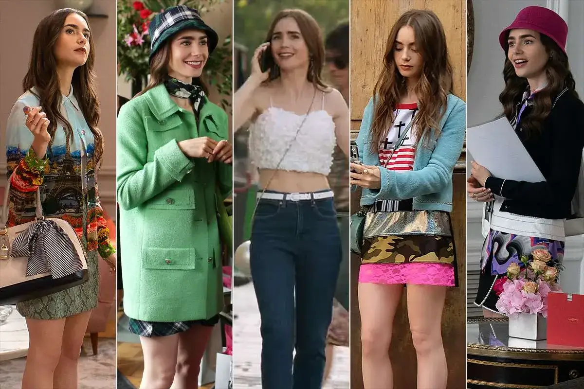 Collage med fem bilder av Camille Emily in Paris i olika färgglada outfits.