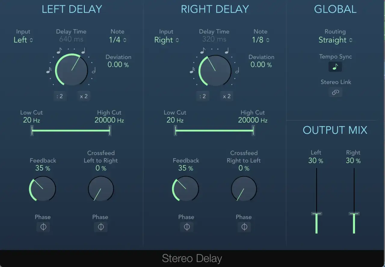 Panel kontrolny efektu Stereo Delay. Ustawienia dla lewego i prawego kanału, w tym czas opóźnienia (co to delay), filtry i feedback.