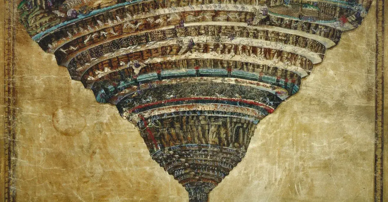 Illustration d&eacute;taill&eacute;e de l'Enfer de Dante, un gouffre en spirale avec des sc&egrave;nes de ch&acirc;timents. Le masque de Dante semble observer ce paysage infernal.