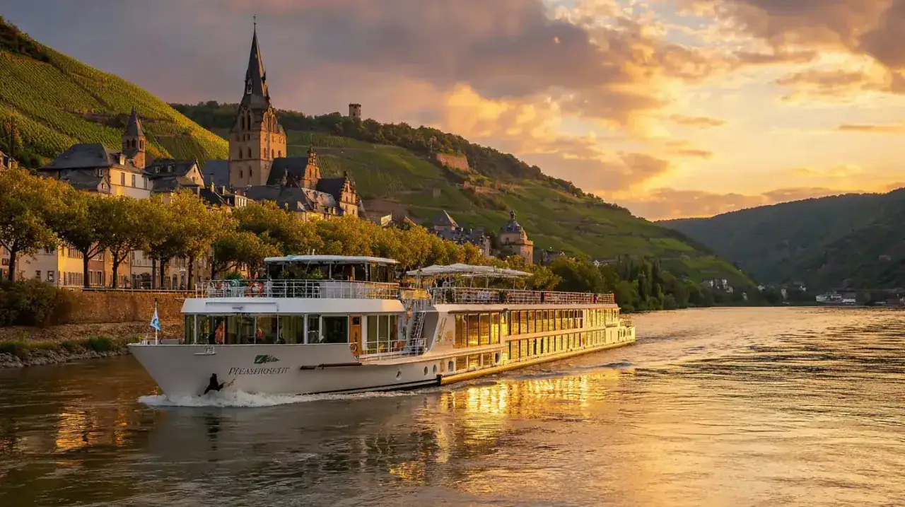 Ein Kreuzfahrtschiff auf der Mosel, vorbei an Weinbergen und einer malerischen Stadt. Perfekt f&uuml;r Mosel Ausflugsziele.